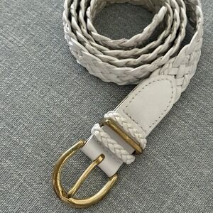 Talbots Belt White Leather Woven Braided XL Plaited Gold Buckle Adjustable To 44